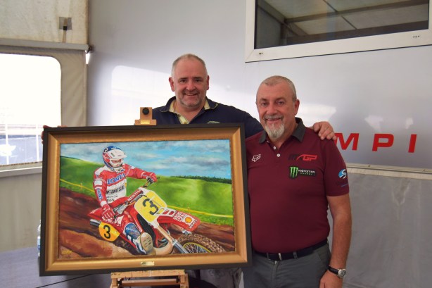 Artist Rob Kinsey delivering latest Oil painting of Dave Thorpe, commissioned by Giuseppe Luongo President of Youthstream.